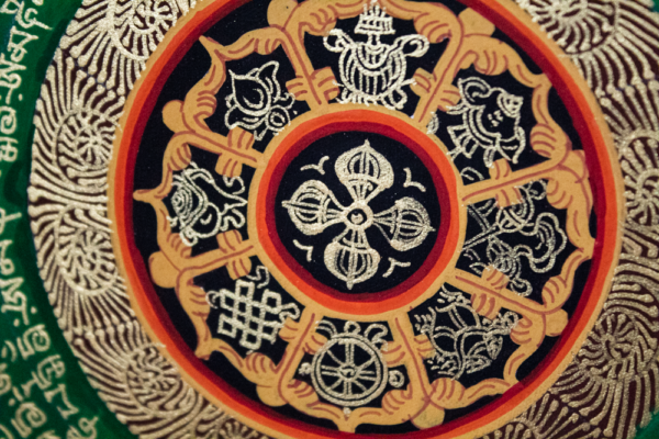 mandala 8 symboli pomyślności buddyzm, obraz tybetański, podwójna wadżra