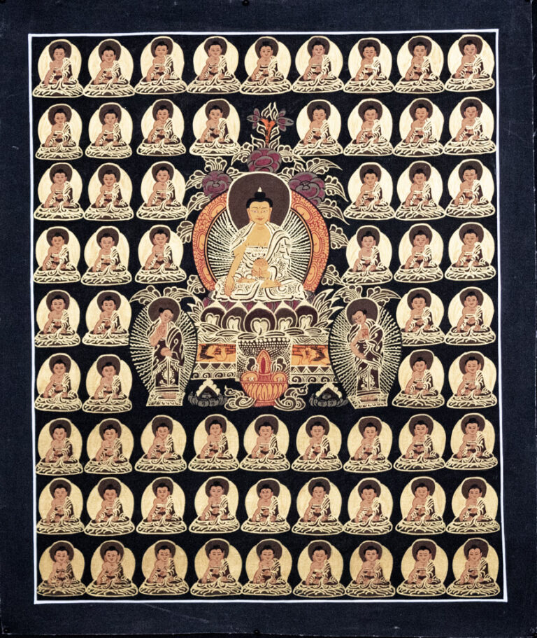 65 Buddów, thanka buddyjska, obraz tybetański