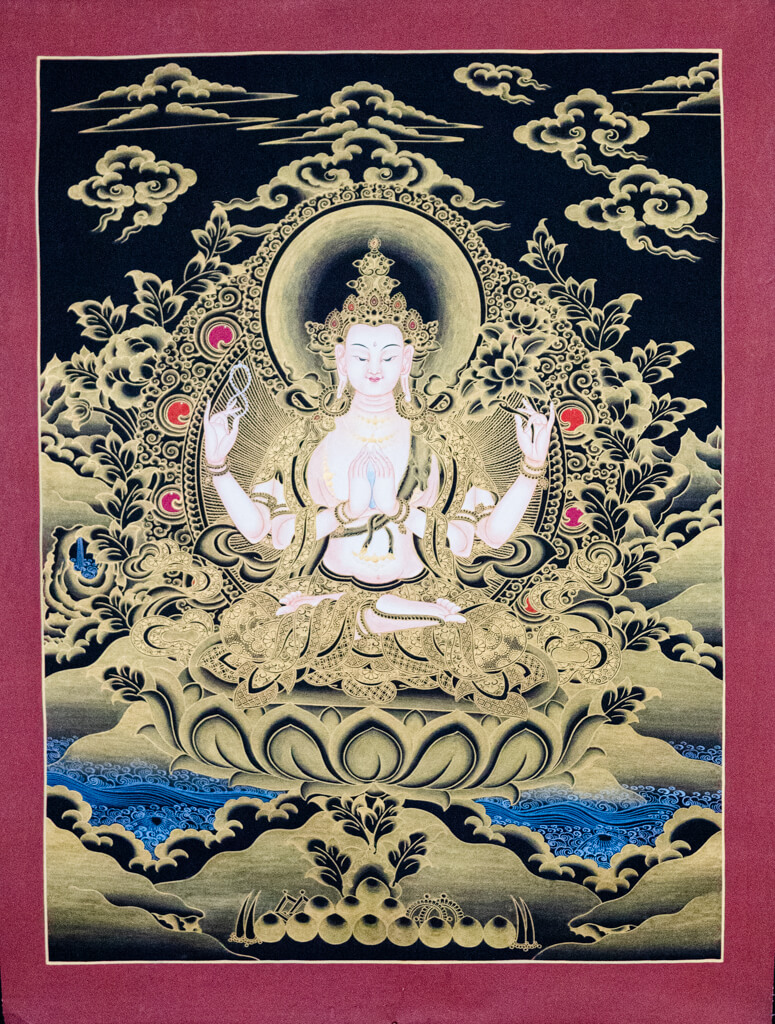 czenrezik, pozłacany buddyjski obraz, tybetańska thanka