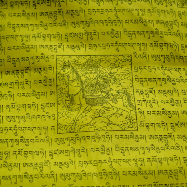 flagi tybetańskie modlitewne duże, buddyjskie z motywem wietrznego konia i mantrami w sklepie buddyjsko-nepalskim