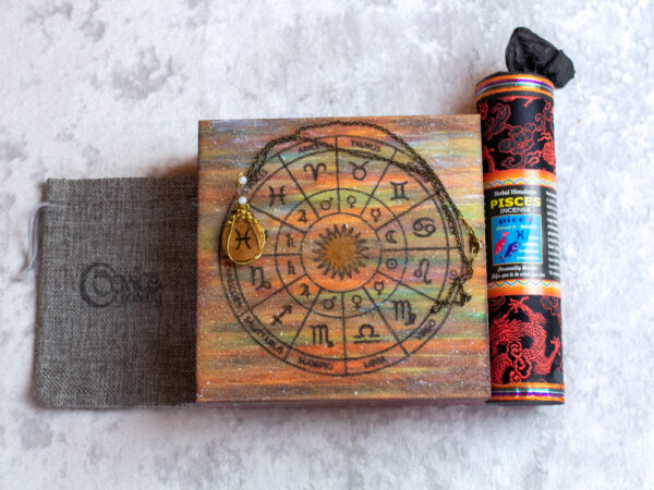 Zodiakalne Ryby Zestaw Urodzinowy, kadzidło naturalne tybetańskie, pudełko astrologiczne, naszyjnik Ryby