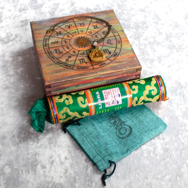 Zodiakalna Waga Zestaw Urodzinowy: tybetańskie kadzidło naturalne, naszyjnik ze znakiem Wagi z kamieniami naturalnymi, pudełko z kołem zodiaku
