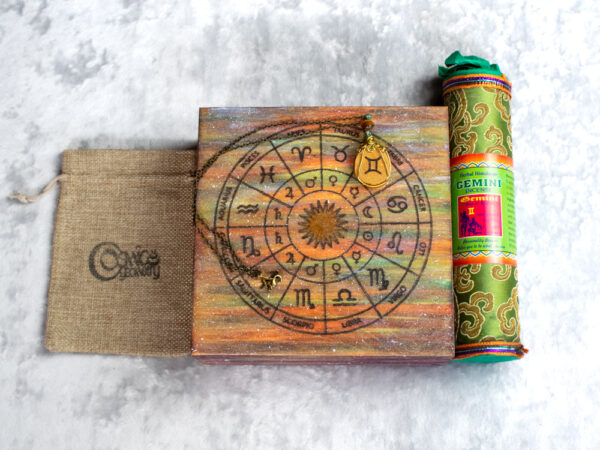 Zodiakalne Bliźnięta Zestaw Urodzinowy: pudełko z kołem zodiaku, tybetańskie kadzidło naturalne Gemini, naszyjnik dla bliźniąt z kamieniami naturalnymi