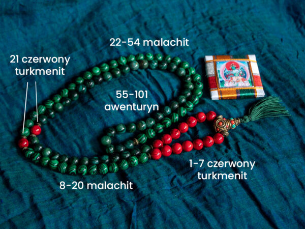 mala buddyjska zielona tara z awenturynem zielonym, czerwonym turkmenitem i malachitem, ilość kamieni naturalnych w mali 108