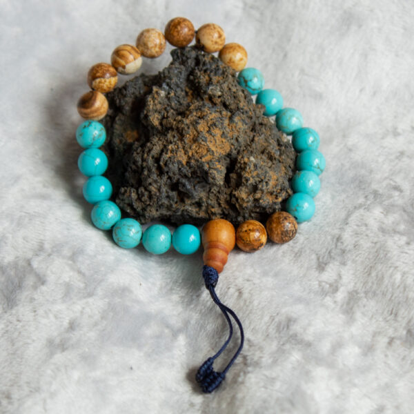 bransoletka mala na rękę z magnezytem błękitnym i jaspisem,obrazkowym, bransoletka męska buddyjska z kamieni naturalnych