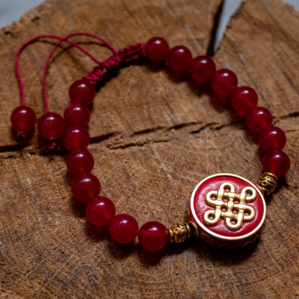 czerwona bransoletka szczęścia z jadeitu z tybetańskim węzłem nieskończoności, biżuteria z kamieni naturalnych na sznurku