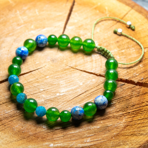 bransoletka dla zodiakalnej wagi apatyt, lapis lazuli jadeit zielony na sznurku, bransoletka z kamieni czakra gardła