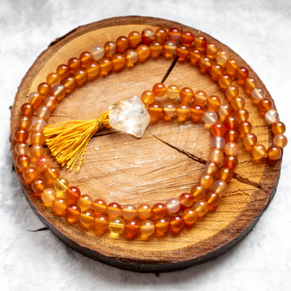 mala buddyjska z cytrynem i agatem karneol, sznur 108 korali modlitewnych z kamieni naturalnych do medytacji i jogi