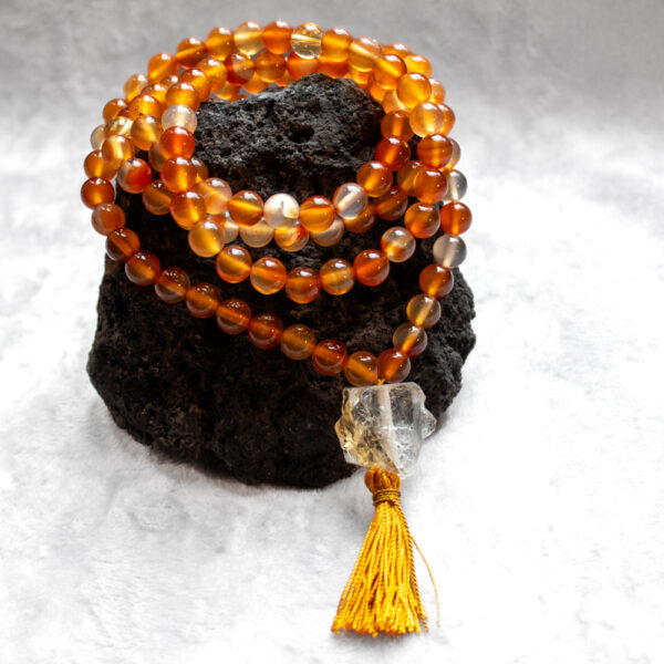 mala buddyjska z cytrynem i agatem karneol, sznur 108 korali modlitewnych z kamieni naturalnych do medytacji i jogi