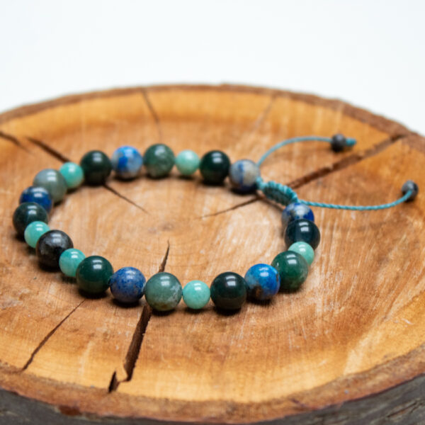 bransoletka dla znaku panna amazonit larvikit lapis lazuli agat mszysty, bransoletka z kamieni naturalnych na sznurku