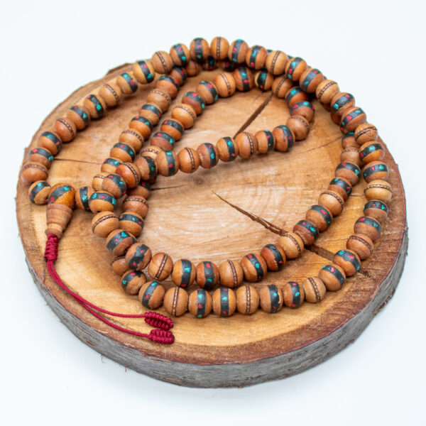 mala tybetańska drewniana z kamieniami na szyje 108 koralików sznurek bordowy