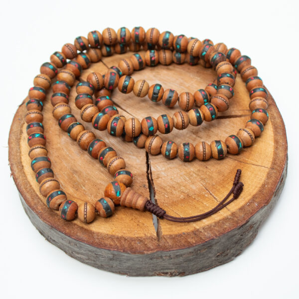 mala tybetańska drewniana z kamieniami na szyje 108 koralików sznurek brązowy