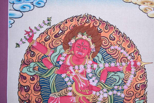 kurukulle thanka obraz buddyjski na płotnie w stylu tybetańskim, czerwona tara bogini namiętności, miłości i czarów w buddyzmie i hinduizmie