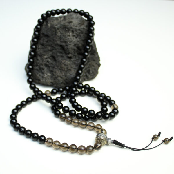 mala buddyjska z czarnego turmalinu z kwarcem dymnym i stupą ze srebra 925, 108 korali z ochronnych kamieni naturalnych