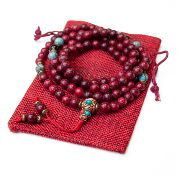 mala buddyjska z czerwonym jadeitem turkusem i czarnym turmalinem, sznur 108 korali modlitewnych do medytacji mantry i jogi z kamieni naturalnych