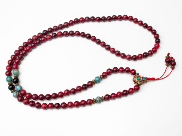 mala buddyjska z czerwonym jadeitem turkusem i czarnym turmalinem, sznur 108 korali modlitewnych do medytacji mantry i jogi z kamieni naturalnych