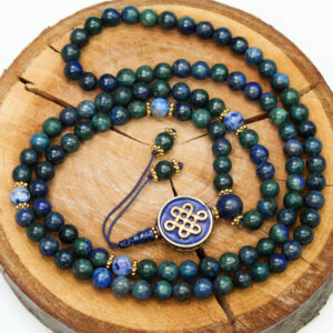 Mala buddyjska z azurytem malachitem i lapis lazuli + amulet Węzeł Pomyślności