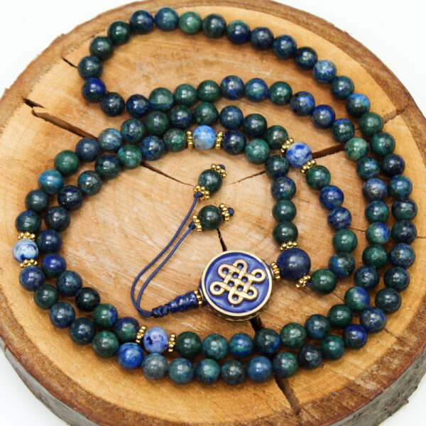 mala buddyjska z azurytem malachitem i lapis lazuli, sznur 108 koralików modlitewnych z kamieni naturalnych mantra buddy medycyny i zielonej tary