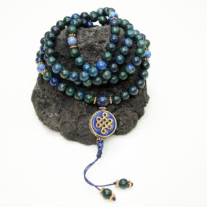 Mala buddyjska z azurytem malachitem i lapis lazuli + amulet Węzeł Pomyślności