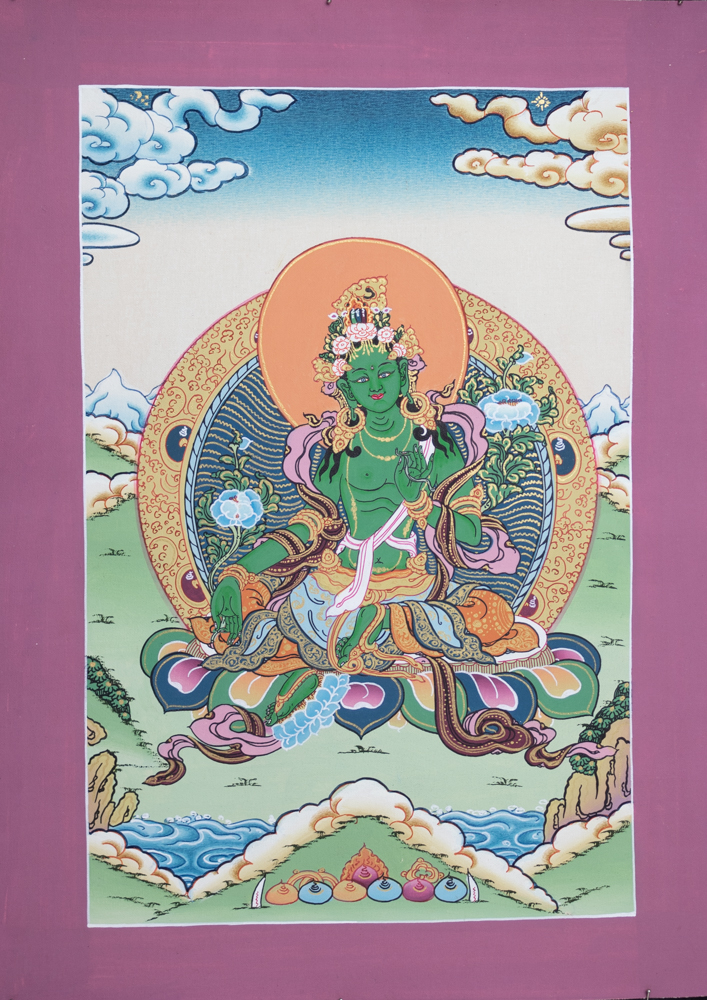 zielona tara thanka obraz tybetański na płótnie do medytacji