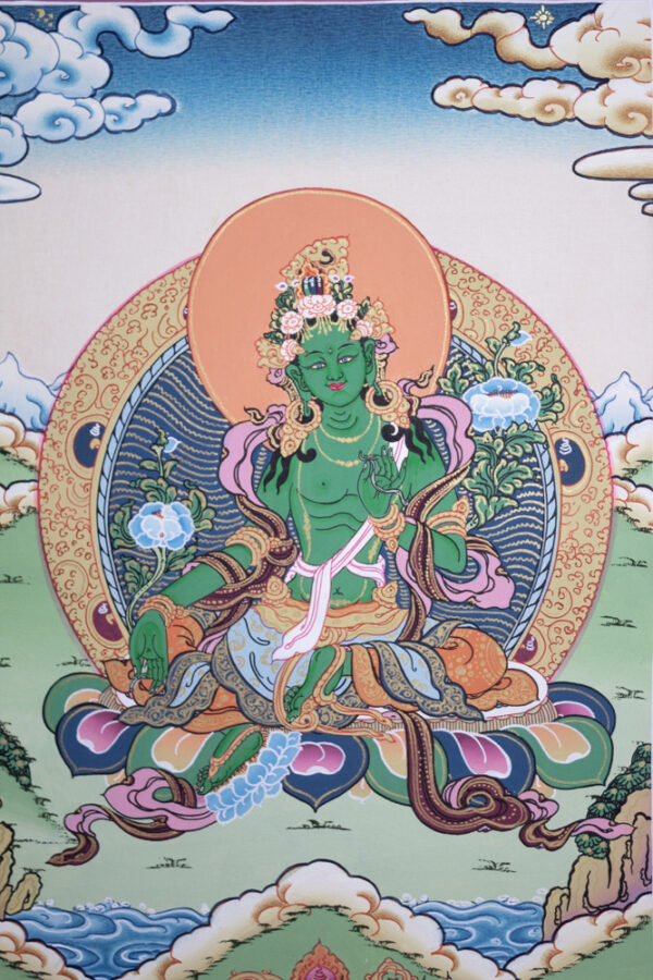 zielona tara thanka obraz tybetański na płótnie do medytacji budda