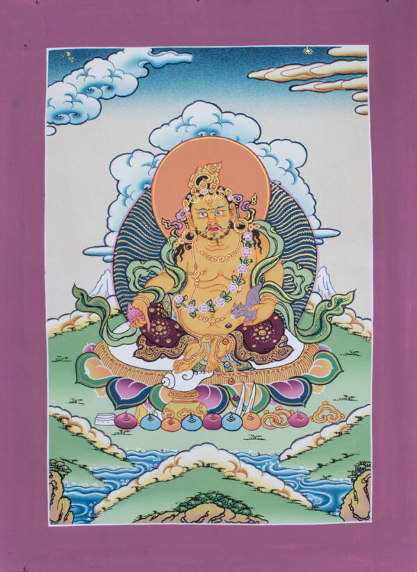 żółty dzambala thanka tybetańska, obraz buddyjski na płótnie do medytacji