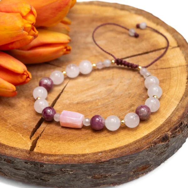 bransoletka dla byka różowy turmalin, kwarc różany, opal różowy, kamienie naturalne na sznurku