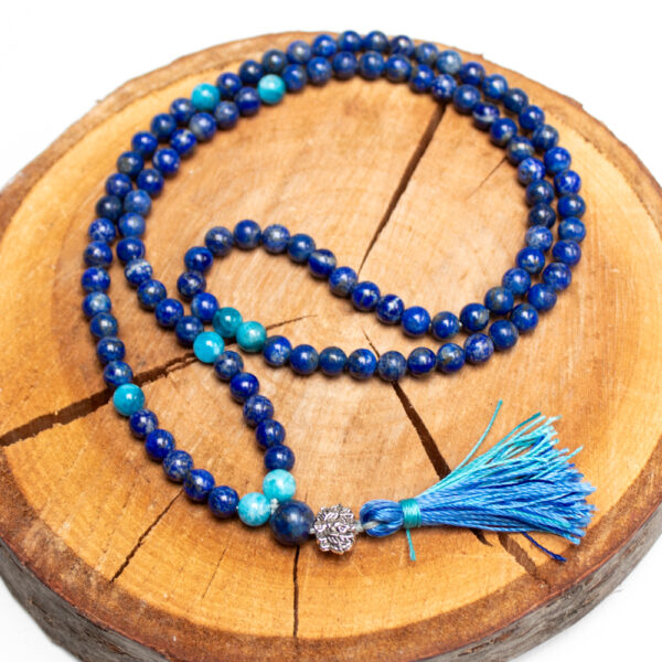 mala buddyjska lapis lazuli i larimar 6 mm, niebieski naszyjnik z kamieni naturalnych 6 mm do medytacji i jogi