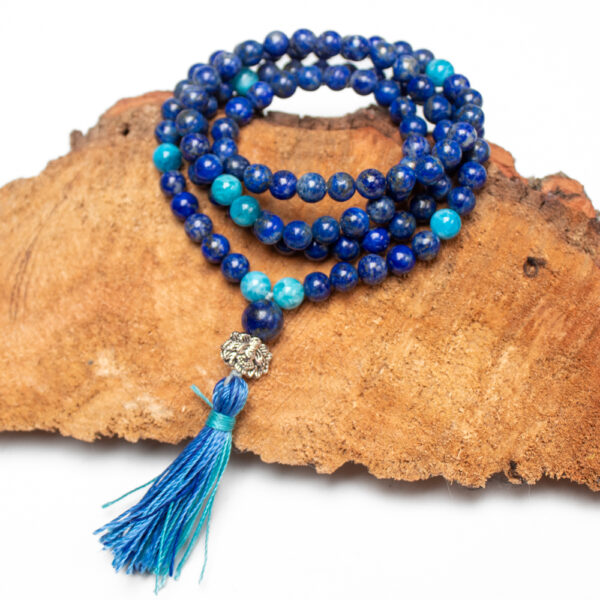 mala buddyjska lapis lazuli i larimar 6 mm, niebieski naszyjnik z kamieni naturalnych 6 mm do medytacji i jogi