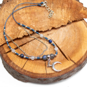 Naszyjnik Księżyc Labradoryt, Kamień Księżycowy i Lapis Lazuli