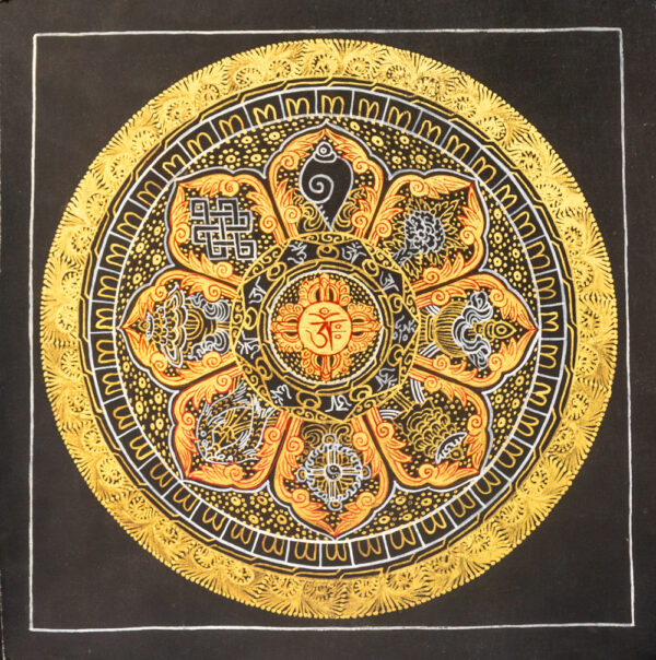 Złoto-czarna mandala 8 symboli pomyślności obraz buddyjski