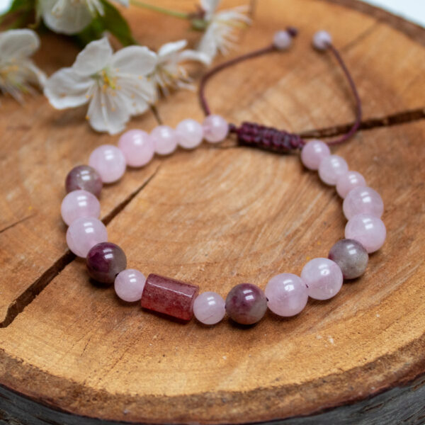 Bransoletka z Kwarcem Truskawkowym, kwarcem różowym i różowym turmalinem z kamieni naturalnych na sznurku
