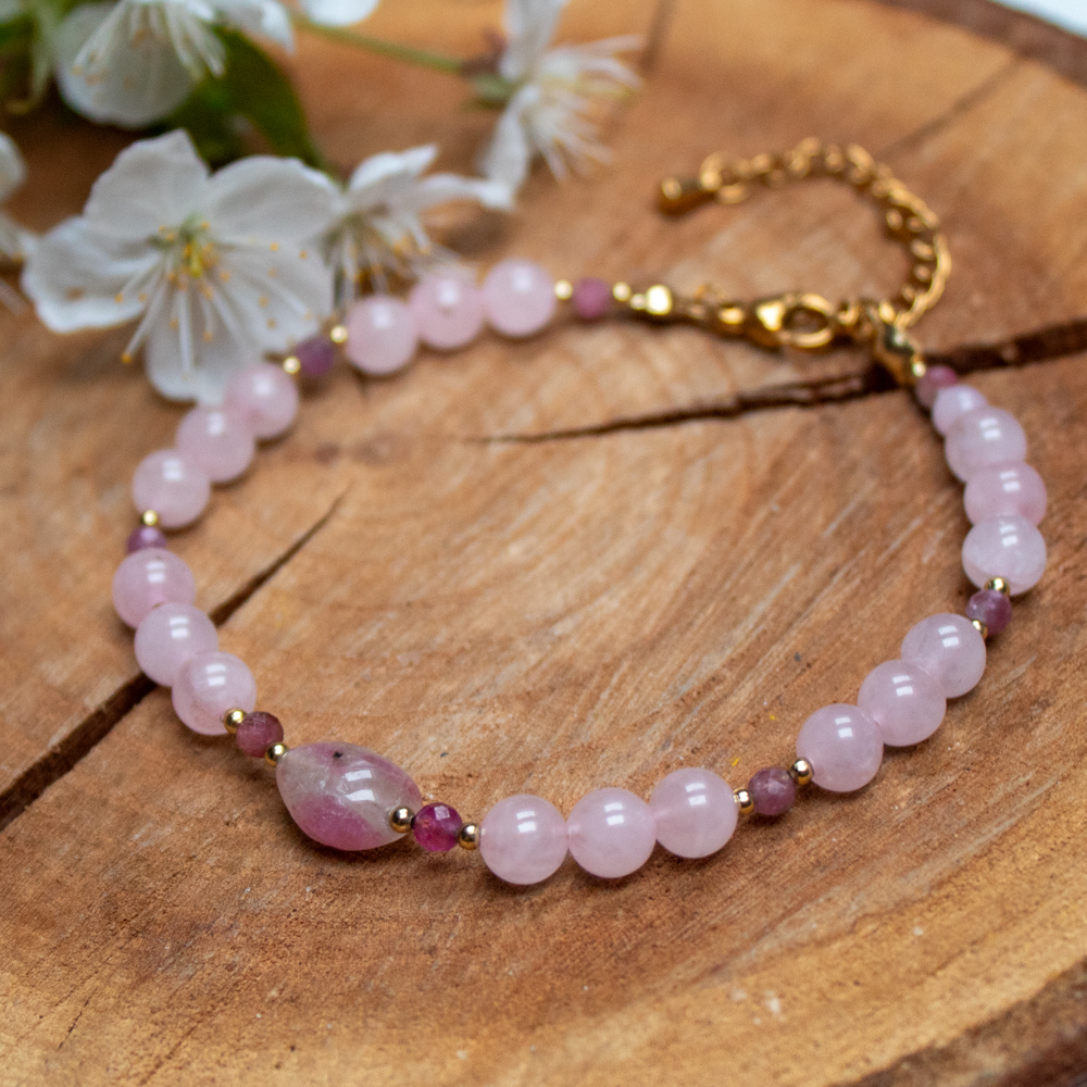 Bransoletka z Różowym Turmalinem i Kwarcem Różanym na lince z zapięciem ze złotem stali nierdzewnej