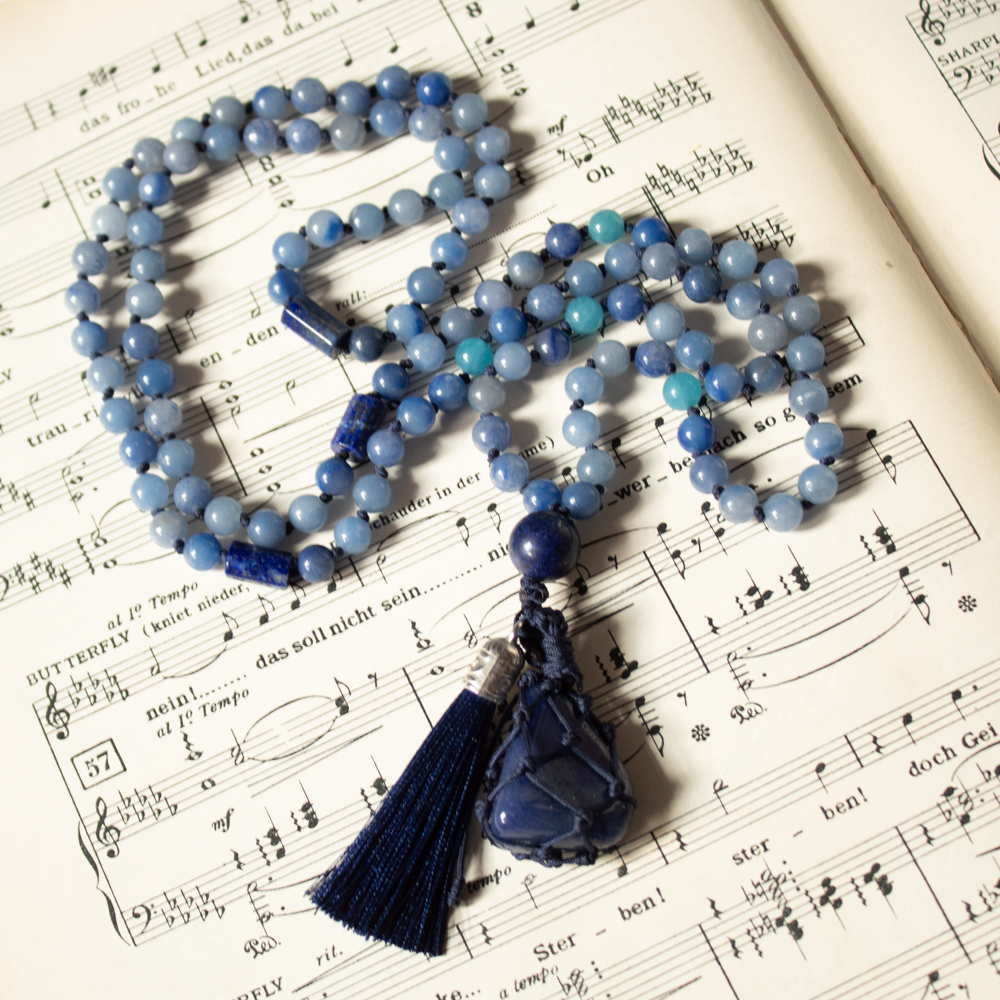 Niebieska Mala Buddyjska Awenturyn, Lapis Lazuli, Kwarc 108 6 mm z chwostem i kamieniem