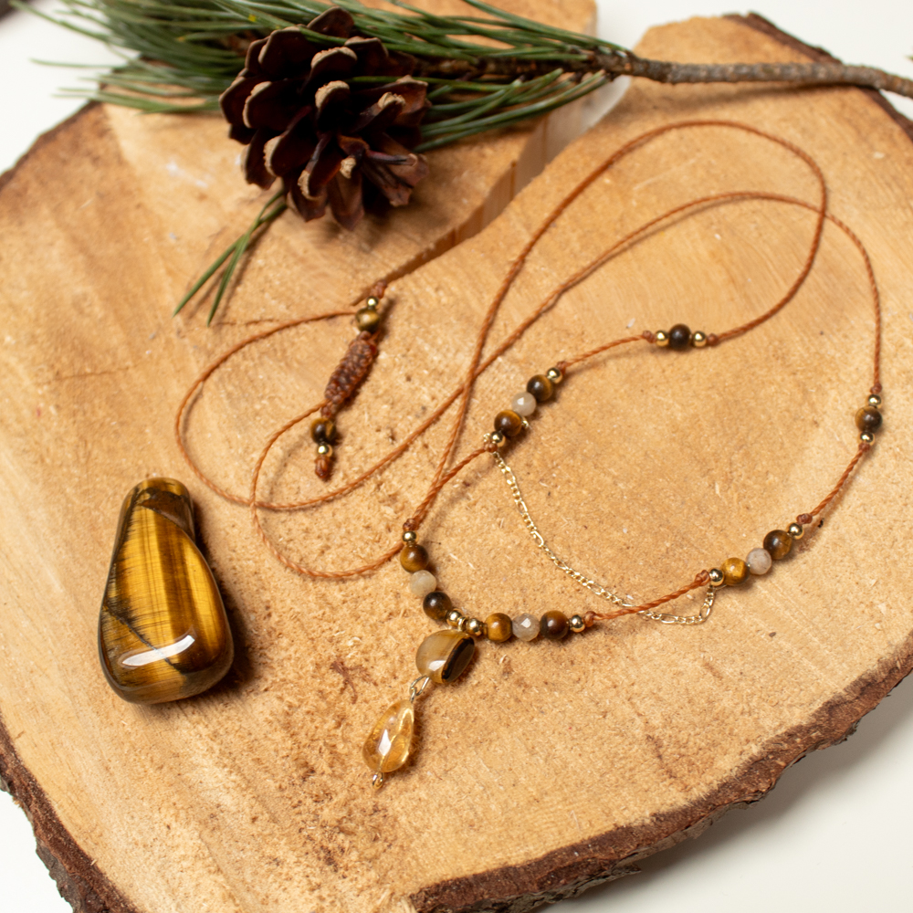 naszyjnik choker cytryn bursztyn tygrysie oko z łańcuszkiem z pozłacanej stali chirurgicznej