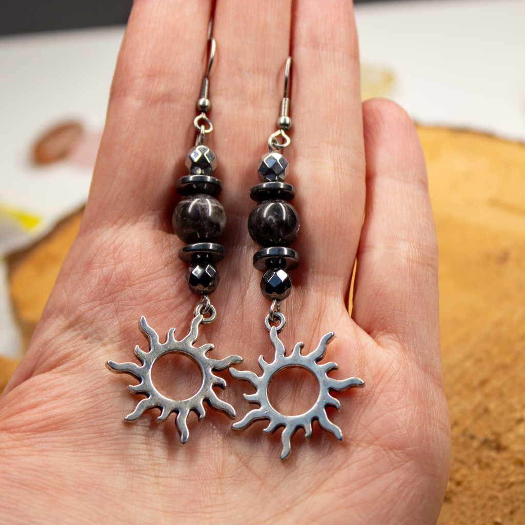 Kolczyki Słońca Czarny Kamień Słoneczny i Hematyt