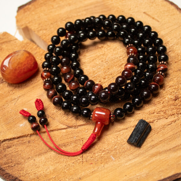 Mala buddyjska Czarny Turmalin, bawole oko, agat ognisty i granat hessonit do medytacji z kamieni naturalnych z 108 koralikami