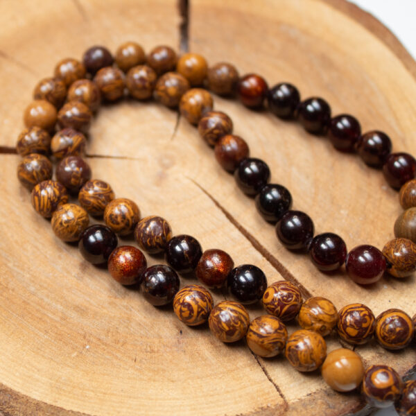 Mala buddyjska Brązowy Jaspis, Granat, Złoty Koral, 108 koralików z kamieni naturalnych