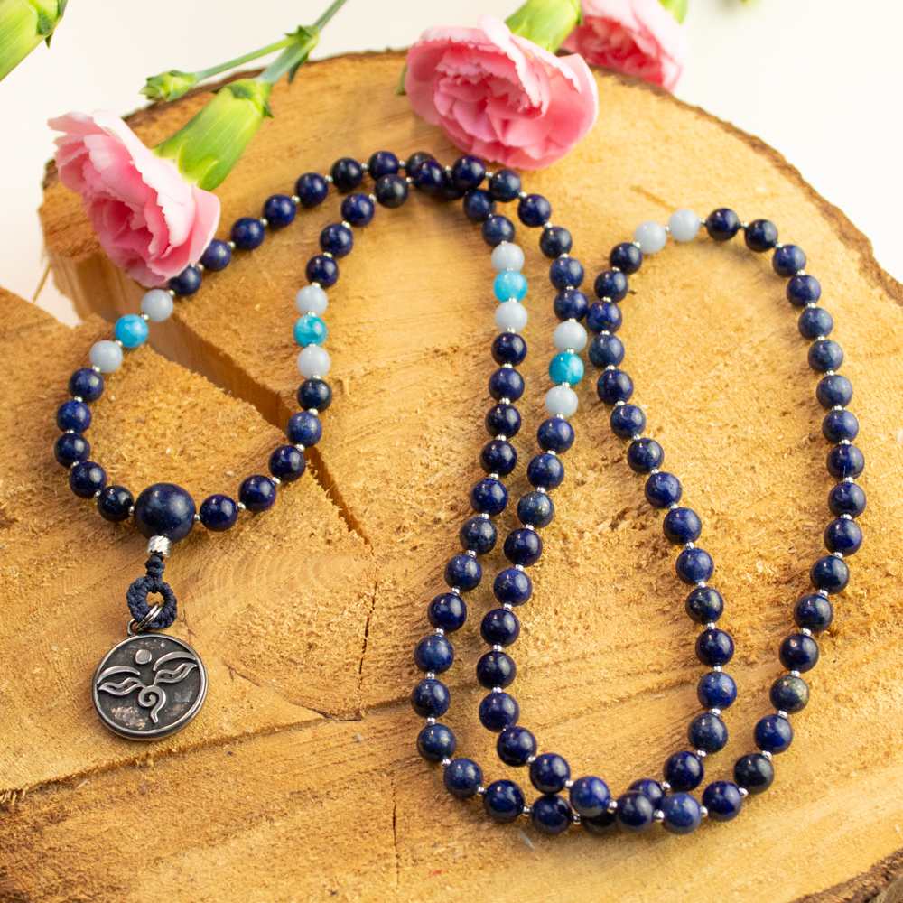 Mala buddyjska 108 paciorków z Lapis Lazuli, Angelitu i Larimaru Cosmic Geometry