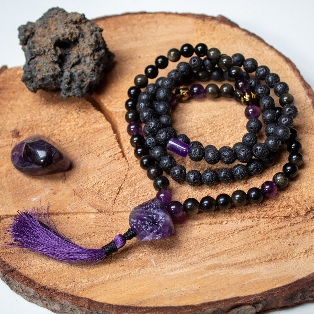 mala buddyjska z obsydianu złotego lawy i ametystu glowne