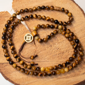 Mala buddyjska Tygrysie Oko, Agat z mantrą, Amulet Podwójna Wadżra