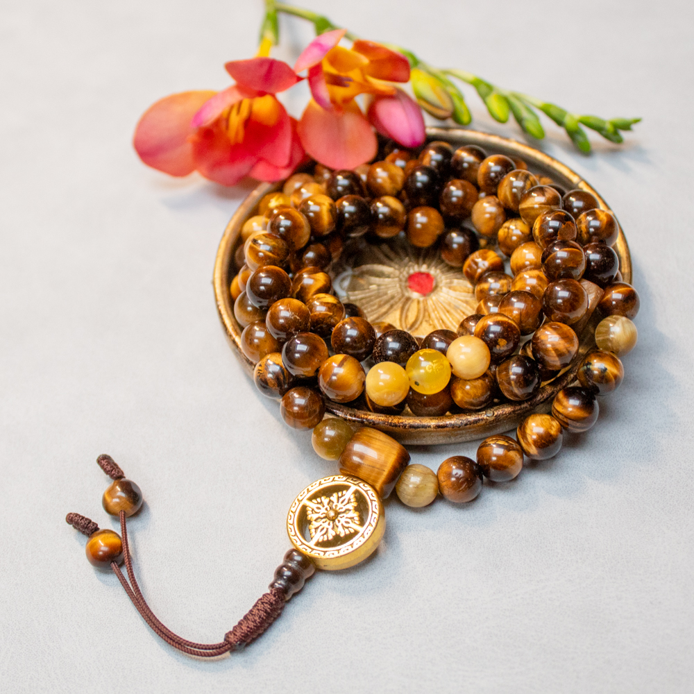 Mala buddyjska 108 koralików tygrysie oko i agat z podwójną wadżrą