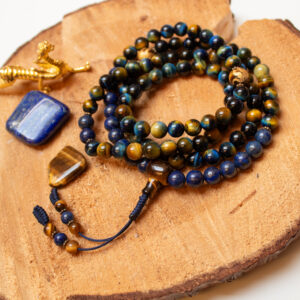 Mala z tygrysim okiem i lapis lazuli – Przestrzeń mądrości – 108 koralików